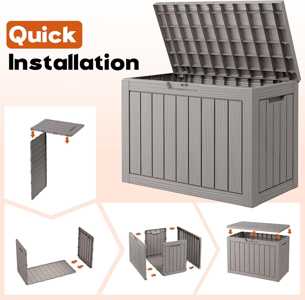 waterproof outdoor storage box, resin patio bin,50 gal,grey on a desk or shelf