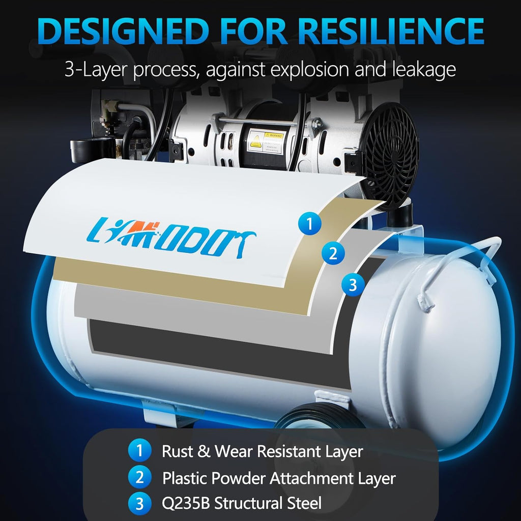 Quiet Oil-Free Air Compressor, 68 dB, 2.8 CFM @ 90 PSI, 5 Gallon Air Tank
