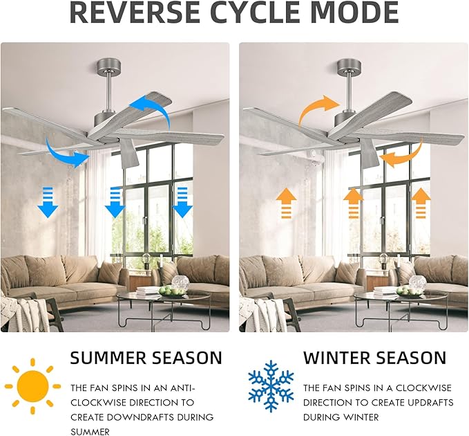 WINGBO 54" ABS DC Ceiling Fan No Light, 5 Blade Wood Grain ABS Ceiling Fan