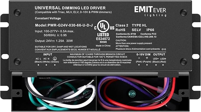 EMITEVER 30W Dimmable LED Driver, 24V Triac Dimmable Power Supply, AC to DC
