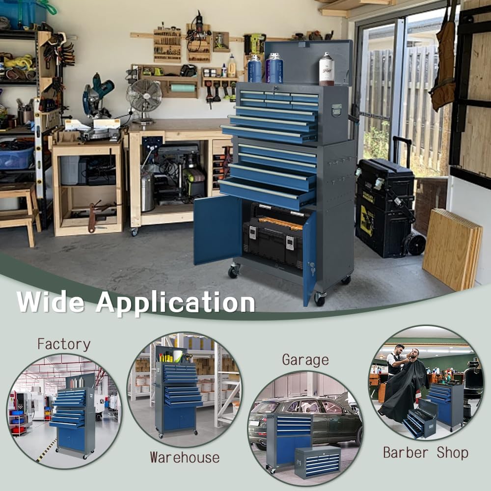 13-drawer tool chest with double door and wheels on a desk or shelf