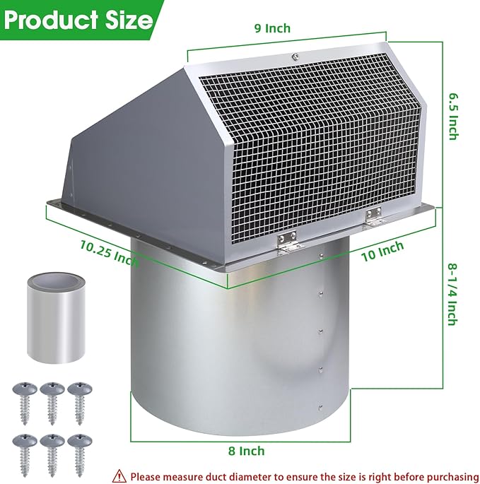 8 Inch Hooded Wall Vent with Screen and Damper, Wall Exhaust Vent Cover Cap