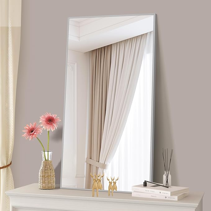 48x24In Silver Bathroom Mirror for Wall, Brushed Nickel Rectangle Mirrors