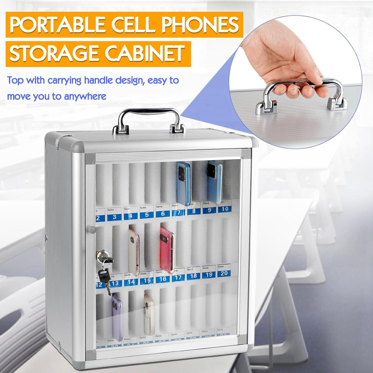 30 slots aluminum alloy cell phone locker, phone, side view