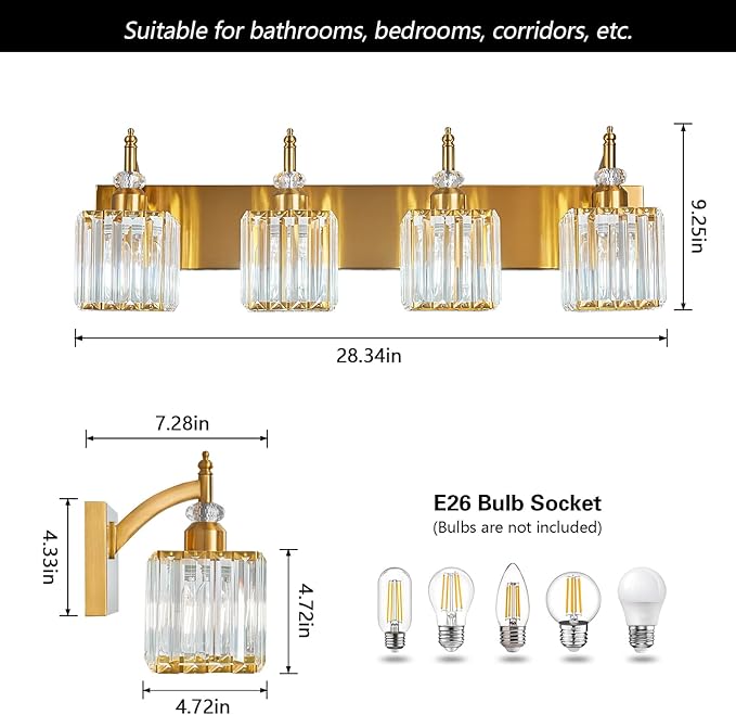 BBLLWJ Modern Bathroom Vanity Light 4-Light Gold Crystal Light Fixtures Over