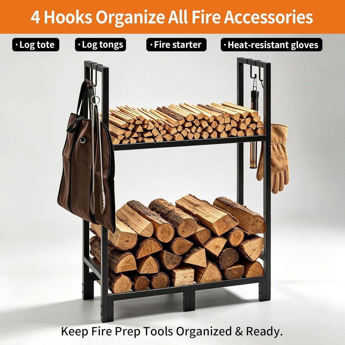 Firewood Rack Indoor Outdoor with Log Carrier, 2-Tier Heavy Duty Firewood Log Rack Holder with 4 PCS Fireplace Tools Hooks, Stable Log Holder Rustproof Metal Wood Rack for Fireplace Patio Deck
