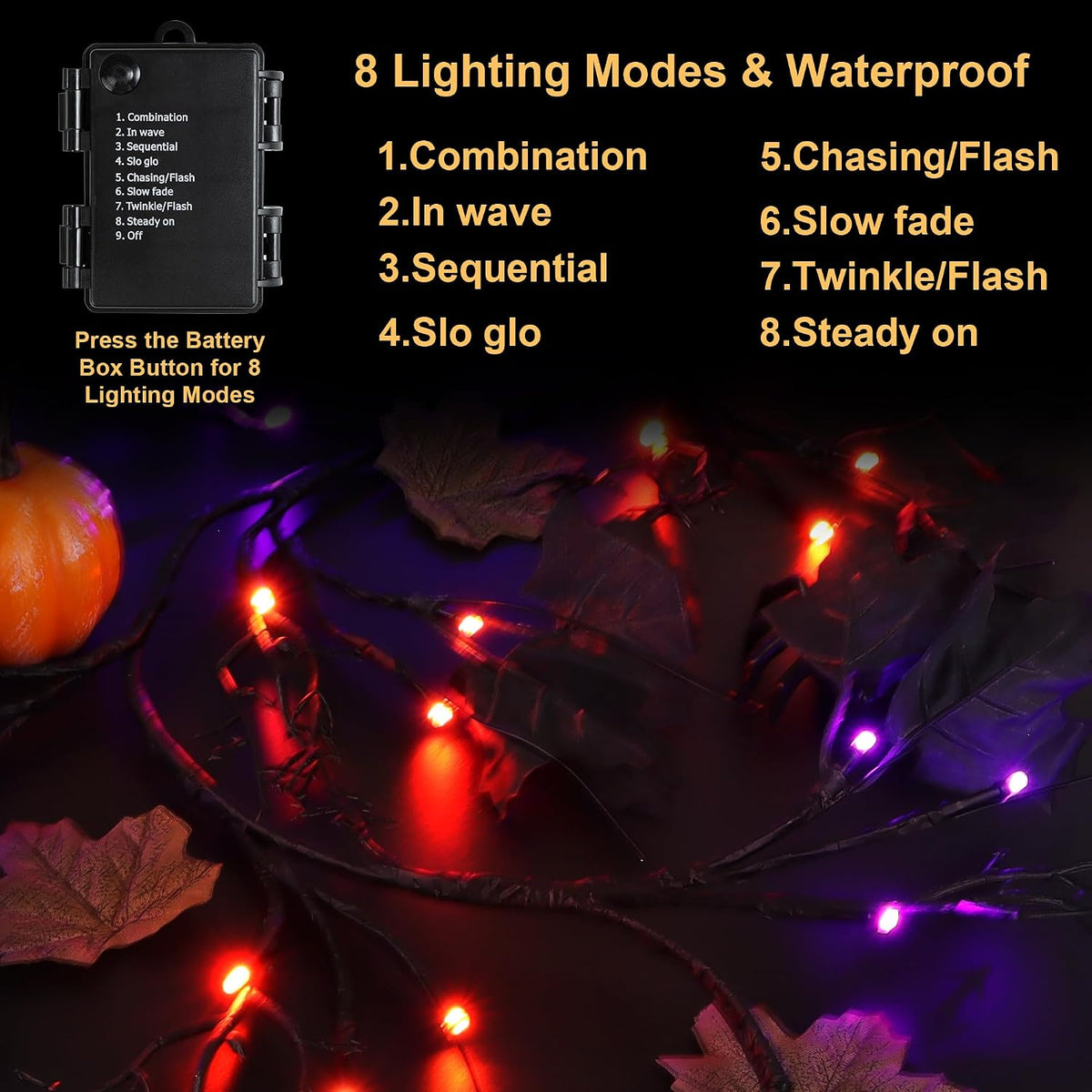 FLYSNK 9 FT 72 LED Halloween Willow Vine Twig Decorations With Orange & Purple Lights - 8 Modes & Timer - Battery Operated Garland for Indoor Mantle Fireplace Home Decor