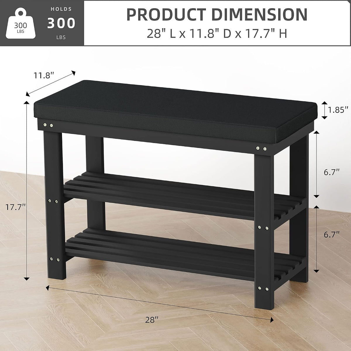 domax bamboo shoe bench with cushion, 3-tier shoe, close-up detail