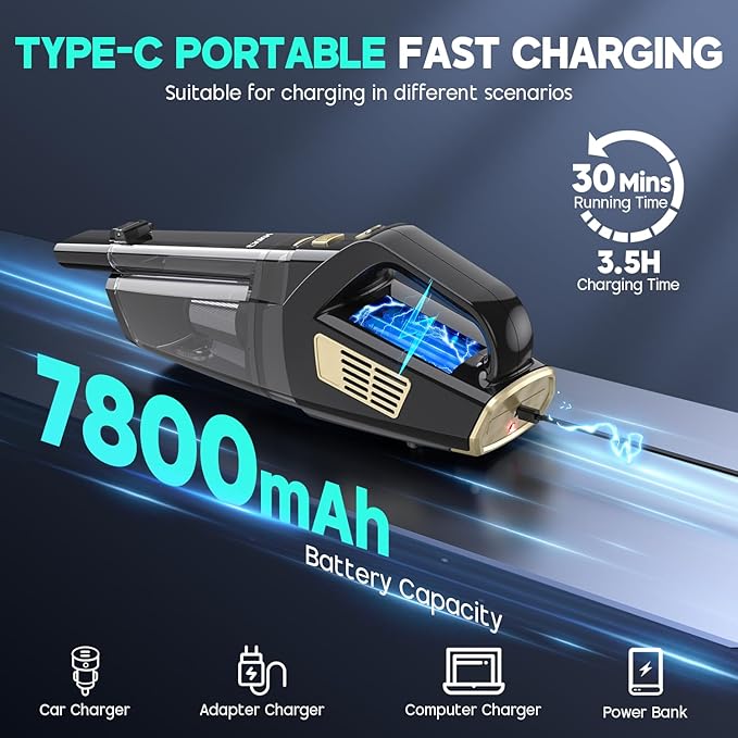 CKIKH Handheld Vacuum Cordless, 15000PA Strong Suction Hand Held Car Vacuum