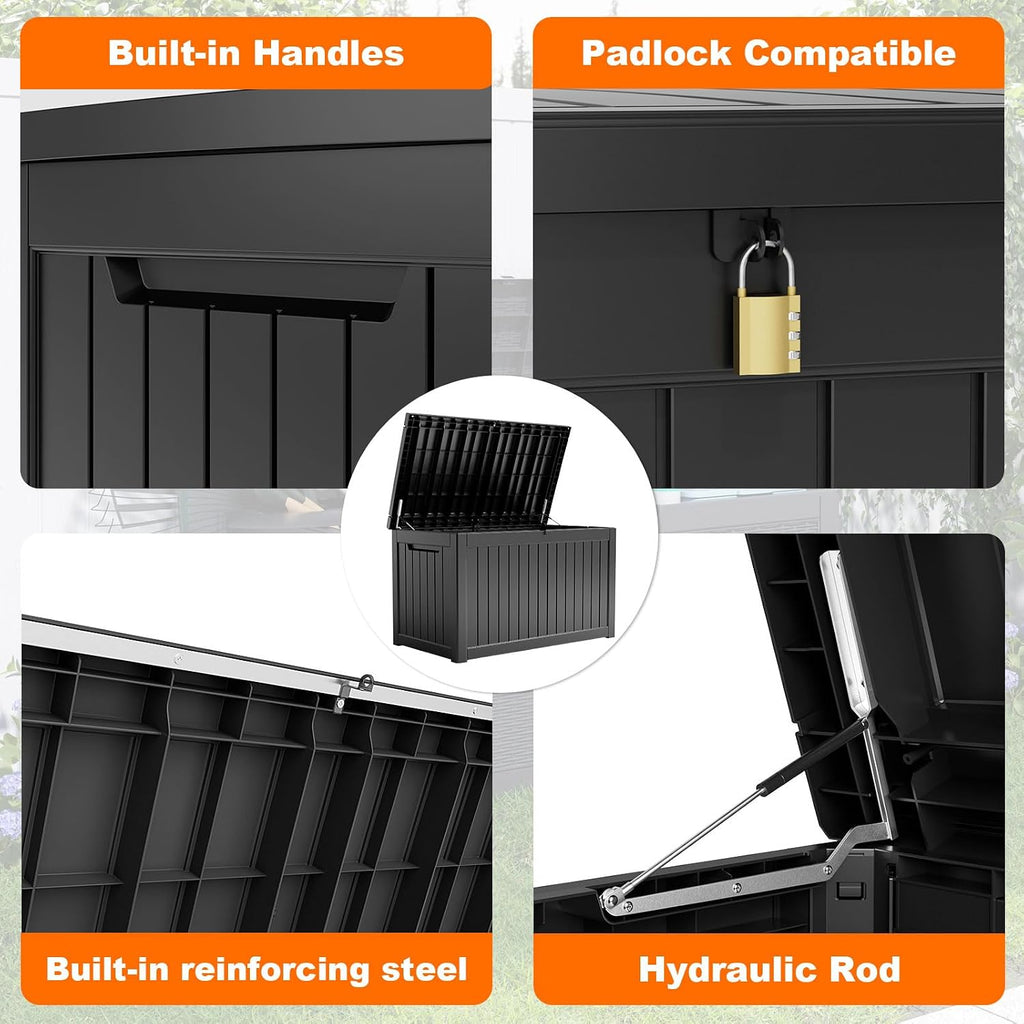 280 gallon outdoor storage box waterproof, resin lockable on a desk or shelf