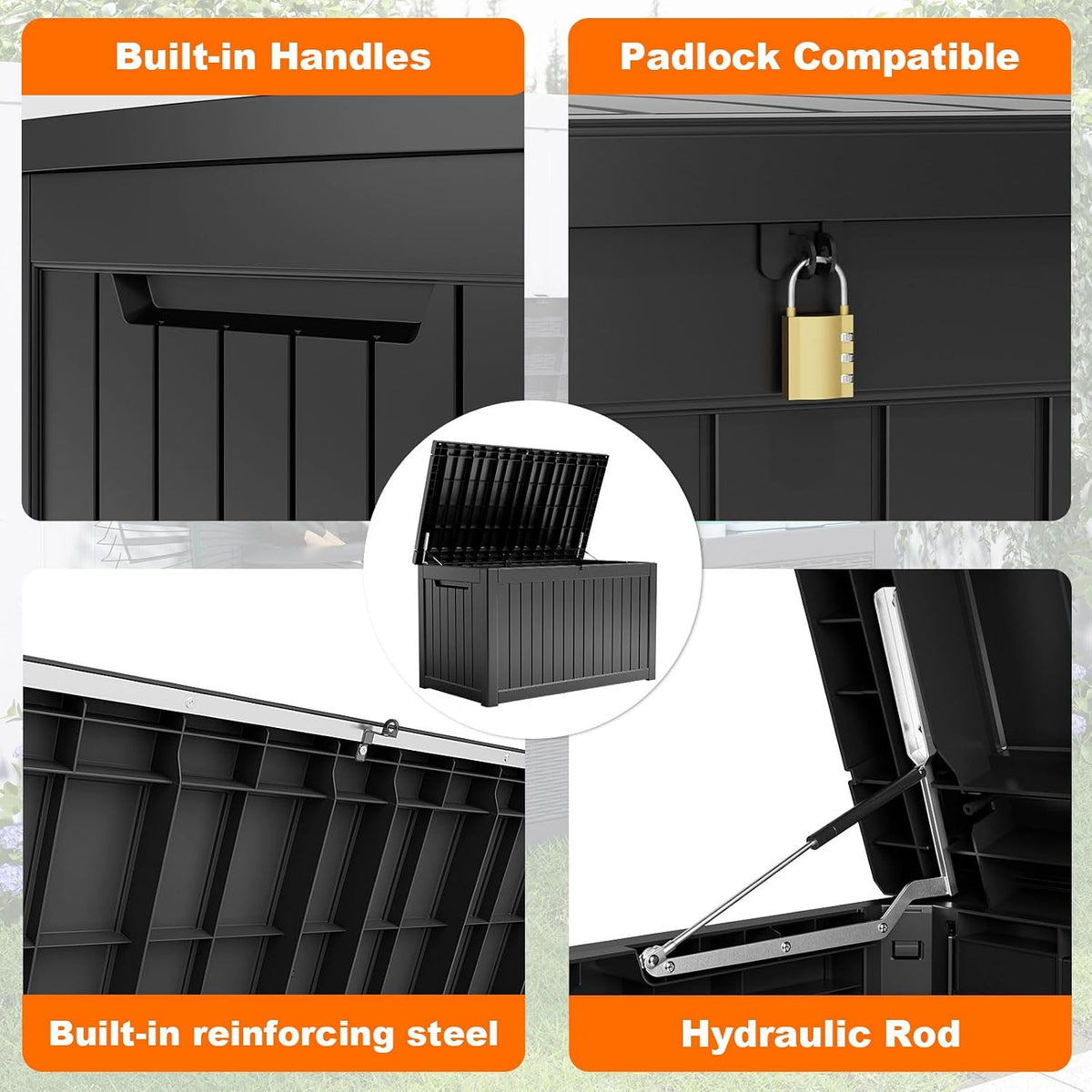 280 gallon outdoor storage box waterproof, resin lockable on a desk or shelf