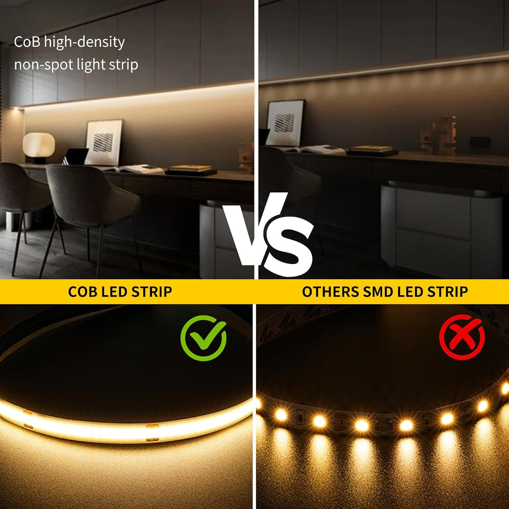 pandery cob led strip lights warm white, 24v on a desk or shelf