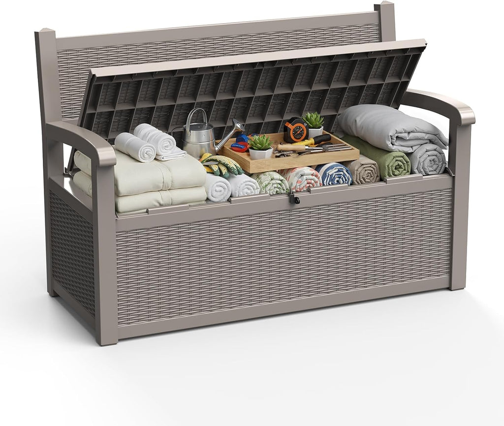 ROJIK 80 Gallon Storage Bench Deck Box Outdoor with Armrests, Resin Storage Furniture Waterproof Lockable for Porch Patio and Garden,Sturdy and Durable, Grey