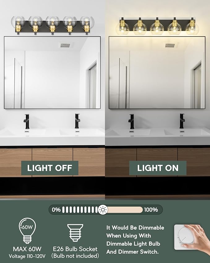 METWET Bathroom Light Fixtures, 5-Light Black and Gold Bathroom Vanity Light