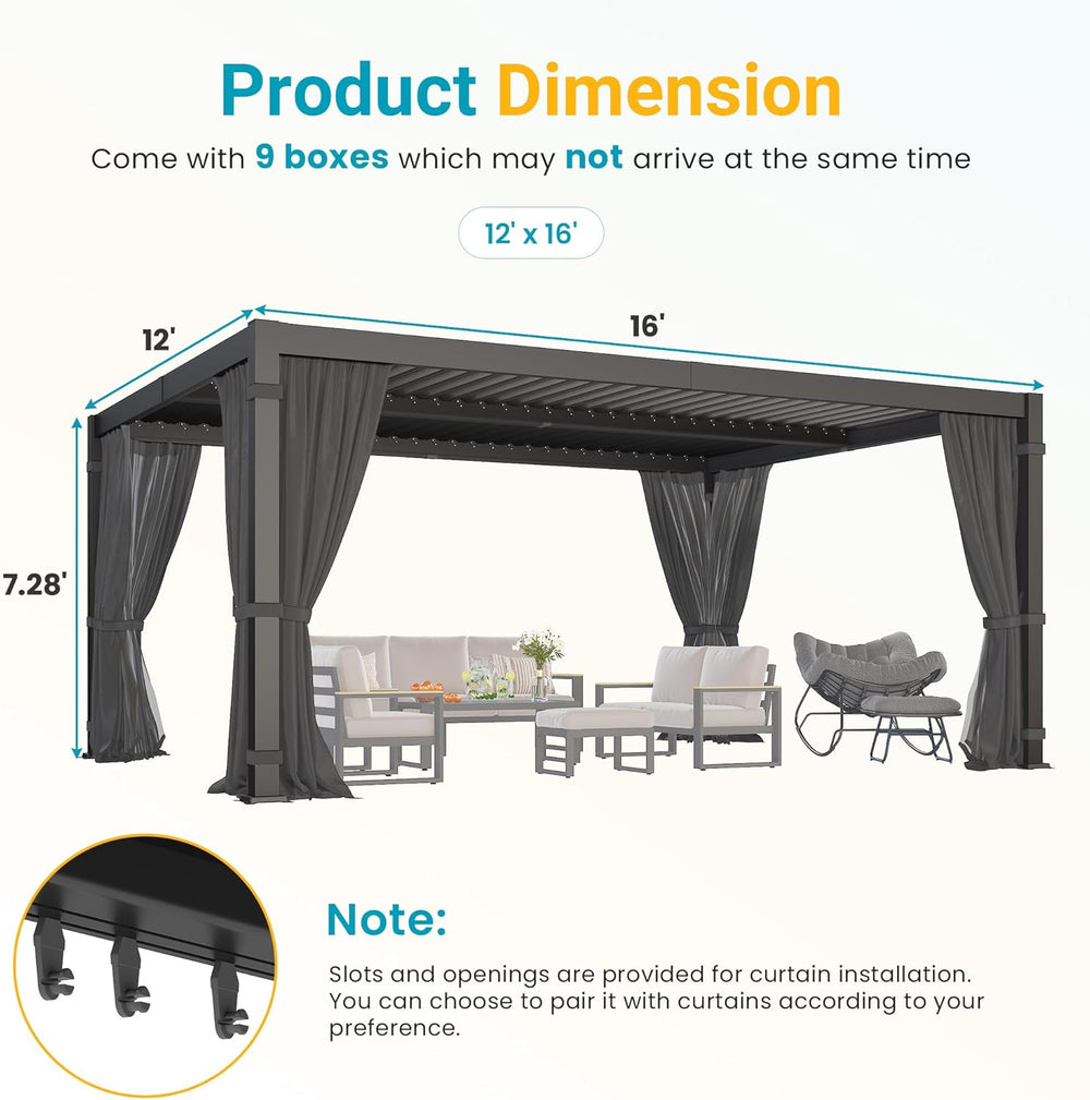 Pergola 12'x16' with Adjustable Roof & Thick Aluminum Frame for A...