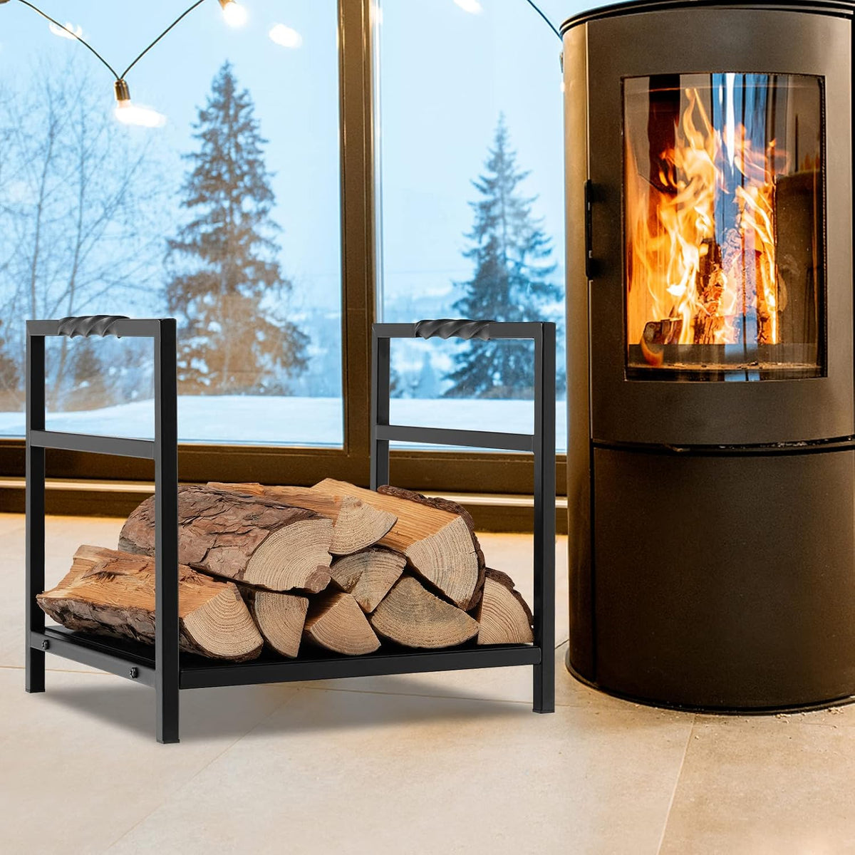 TANGZON Fireplace Log Rack, Heavy Duty Steel Firewood Rack, Indoor Outdoor Wood Stacking Storage Holder Stand (With Solid Base & Handles, 40 x 34 x 36cm)
