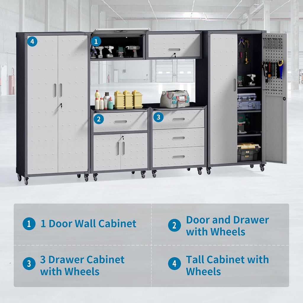 6-Piece Garage Storage Cabinets System Heavy Duty Workshop Set Includes Wall-Mounted and Rolling Cart Metal Tool Organization System for Garage Workshop
