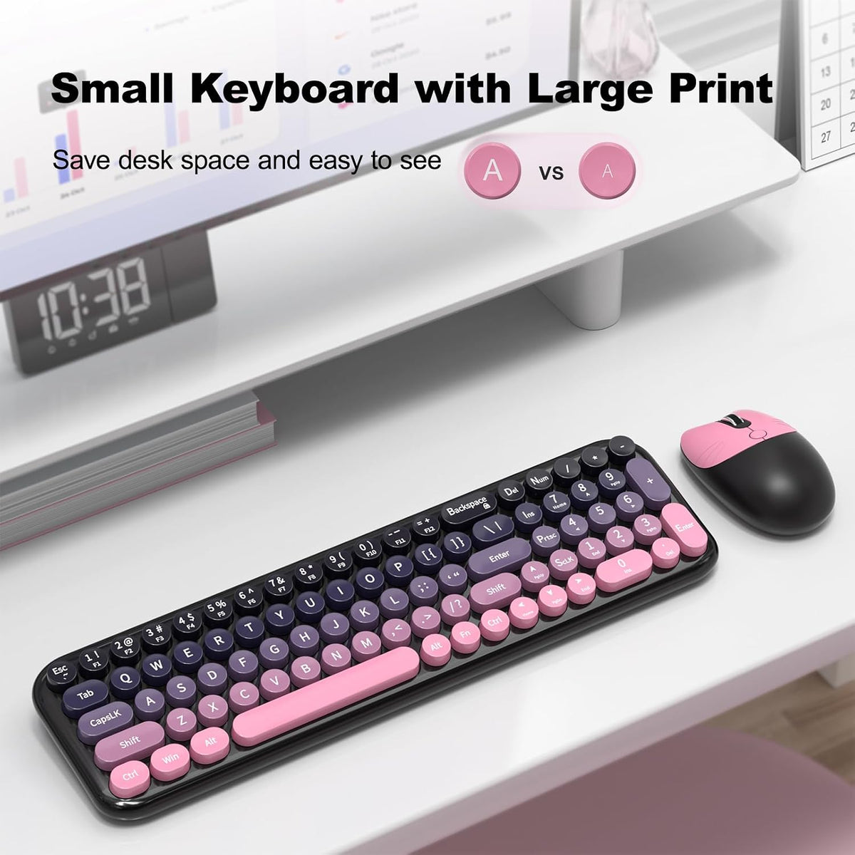 MOFII Wireless Keyboard and Mouse Combo, Compact Typewriter Retro Round Computer Keyboard and Mouse Set, Plug and Play, for Windows, Computer, Desktop, PC, Notebook - (Plum Pink Gradient)