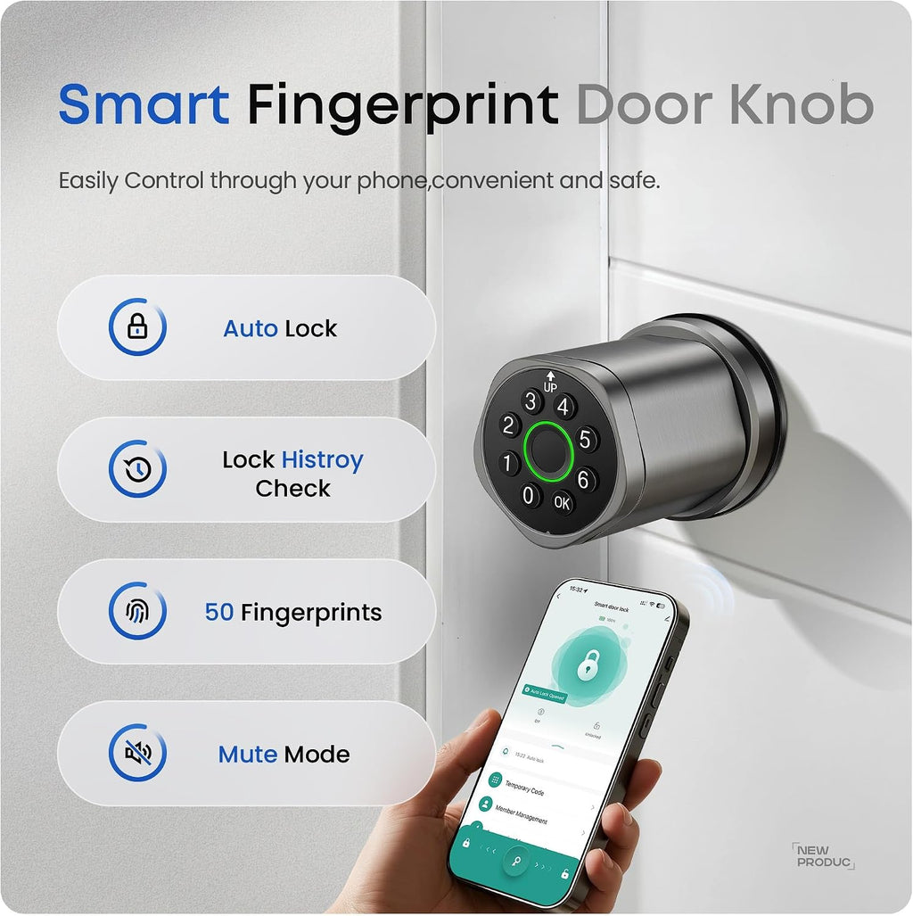 keyless entry keypad door lock with knob, smart on a desk or shelf