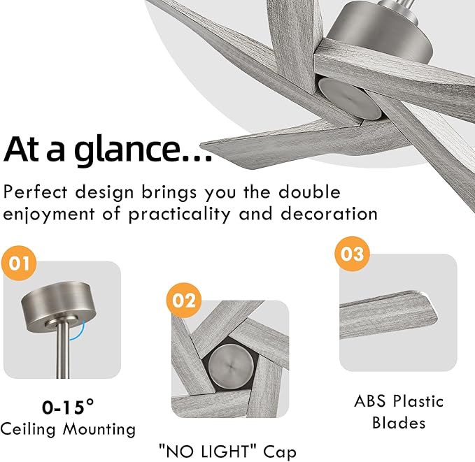 WINGBO 54" ABS DC Ceiling Fan No Light, 5 Blade Wood Grain ABS Ceiling Fan