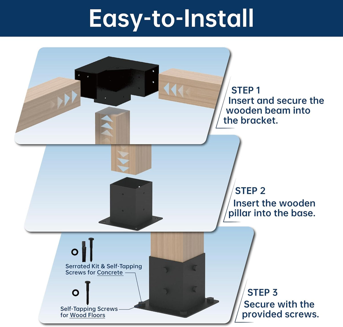 pergola bracket kit 4x4, 4pcs 3-way right angle, package contents