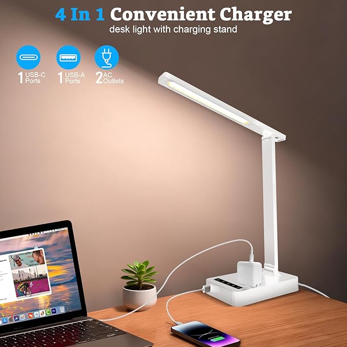 Smart Desk Lamp with 4-in-1 Charging Station, 5 Color temperatures and 5
