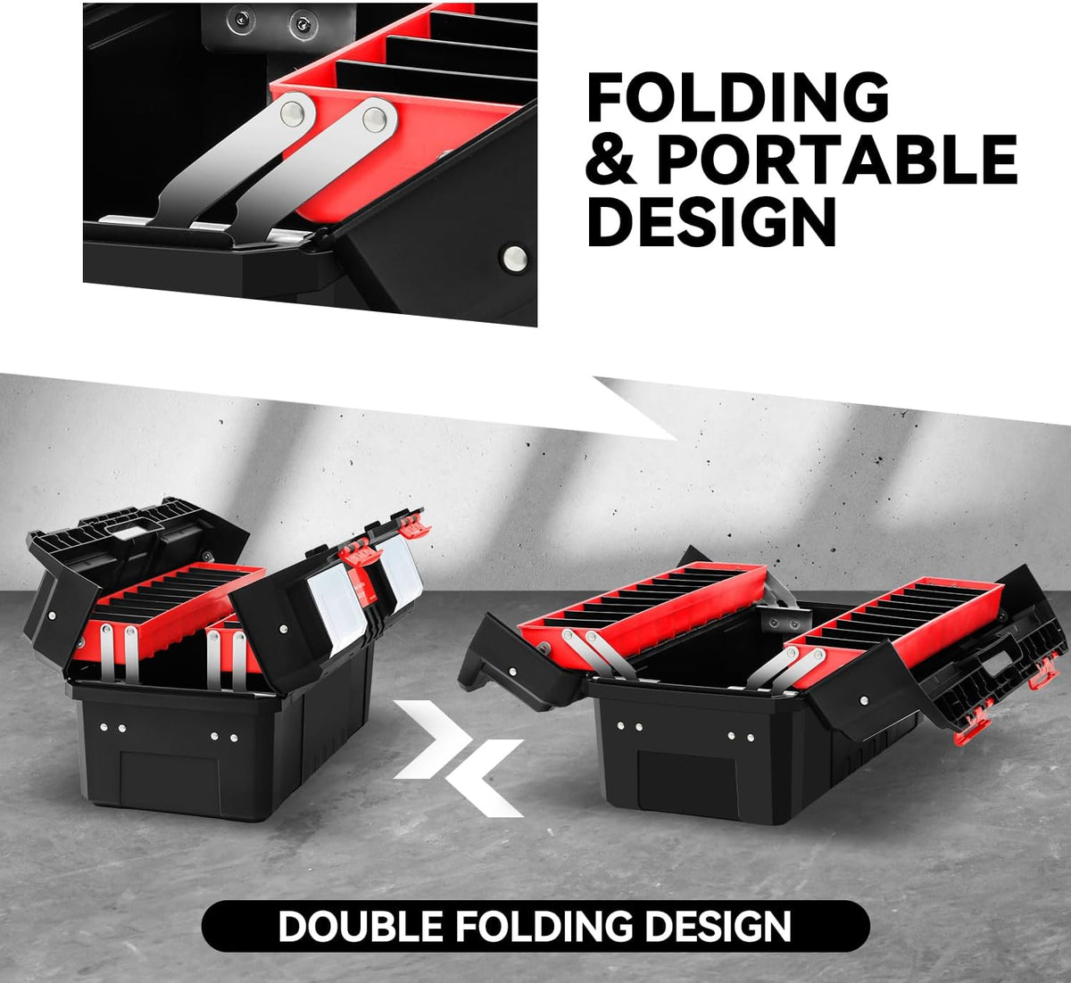 auto dynasty foldable 2-layer tool box w/non-slip handle, side view