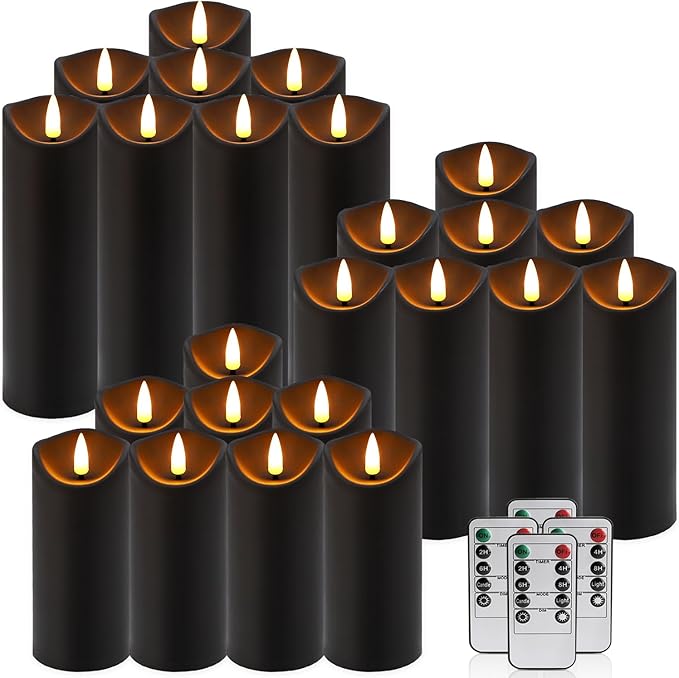24 Pack Halloween Decoration Flickering Flameless Candles, Battery Operated LED Pillar Candles with Remote Control and Timer.for Home Decor (D2.2 xH 5" 6" 7" Black)
