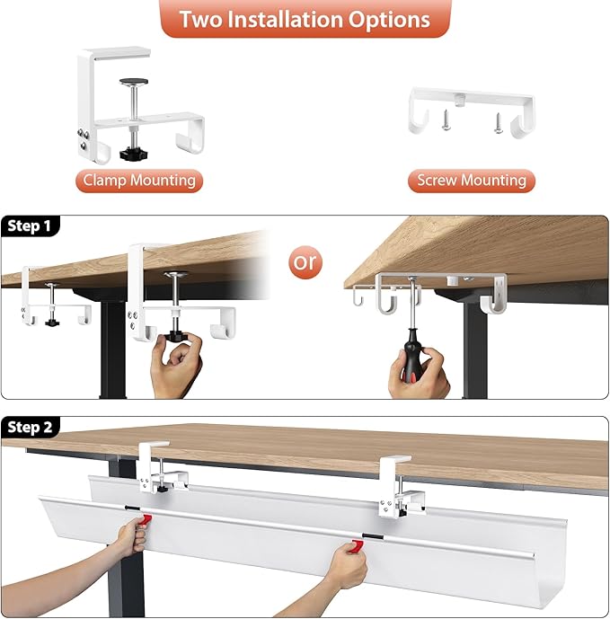 Univivi No Drill Under Desk Cable Management Tray, Clamp/Screw Mount Desk Cable