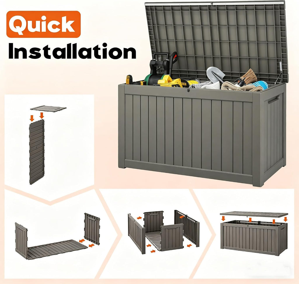 outdoor deck storage box,waterproof grey,260 gallon on a desk or shelf