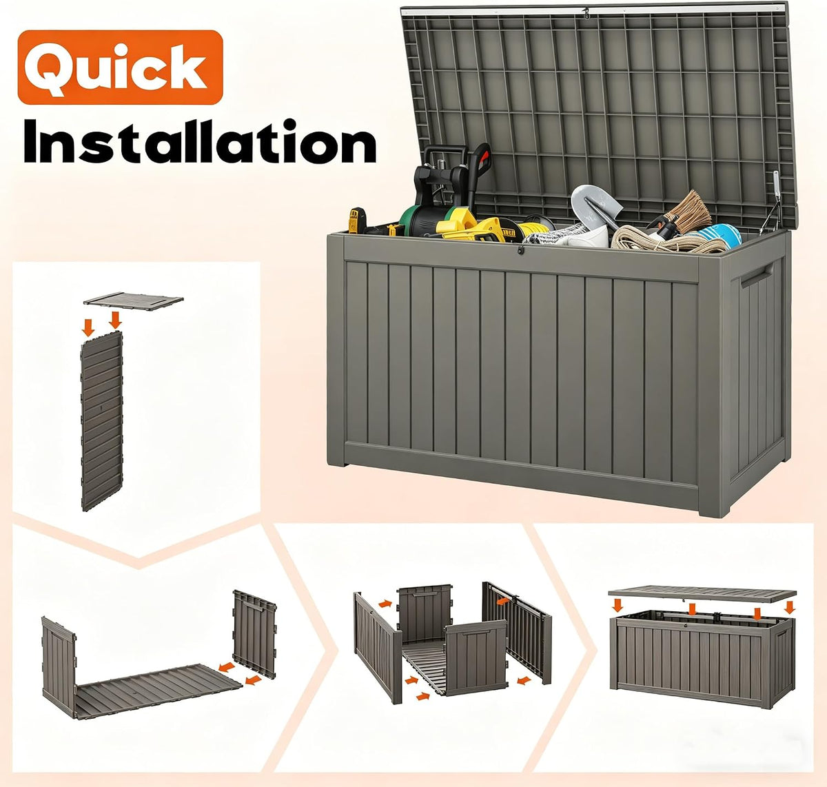 outdoor deck storage box,waterproof grey,260 gallon on a desk or shelf