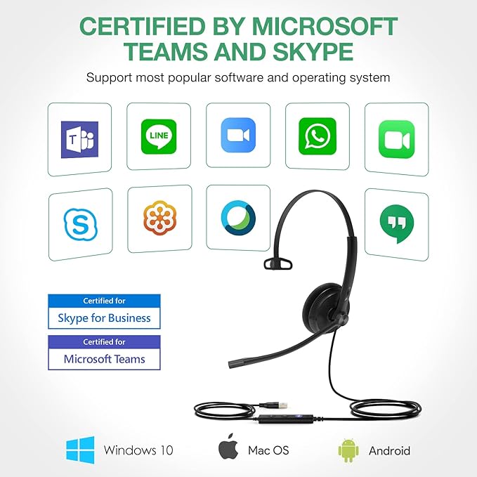 Yealink UH34 USB Headset with Mic, Single Ear Wired Headphones with Noise
