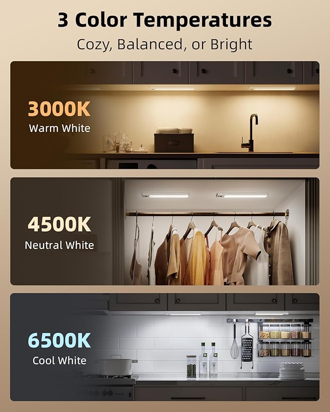 EZVALO 3 Pack Under Cabinet Lighting, 3200mAh Rechargeable Motion Sensor Light