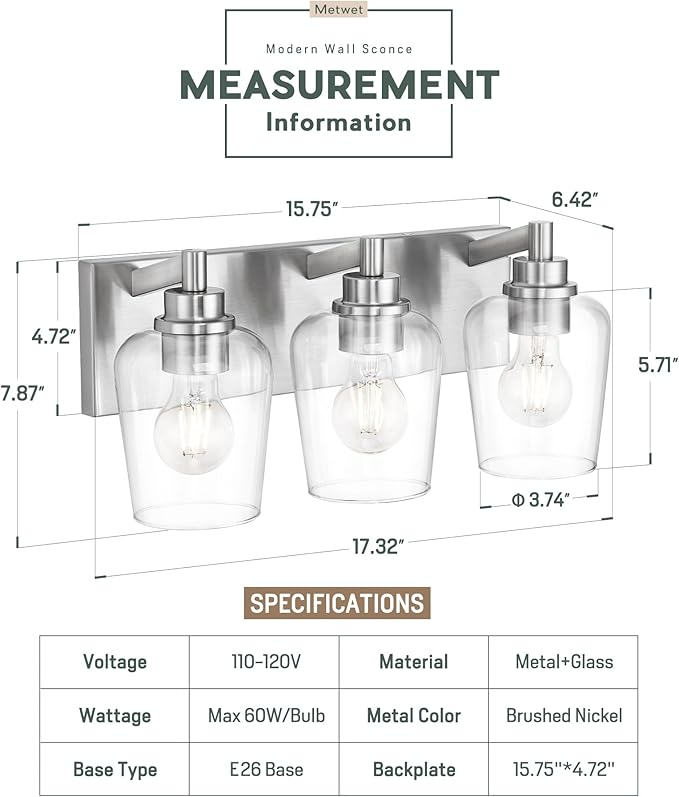 METWET Bathroom Light Fixtures, 3-Light Modern Vanity Light