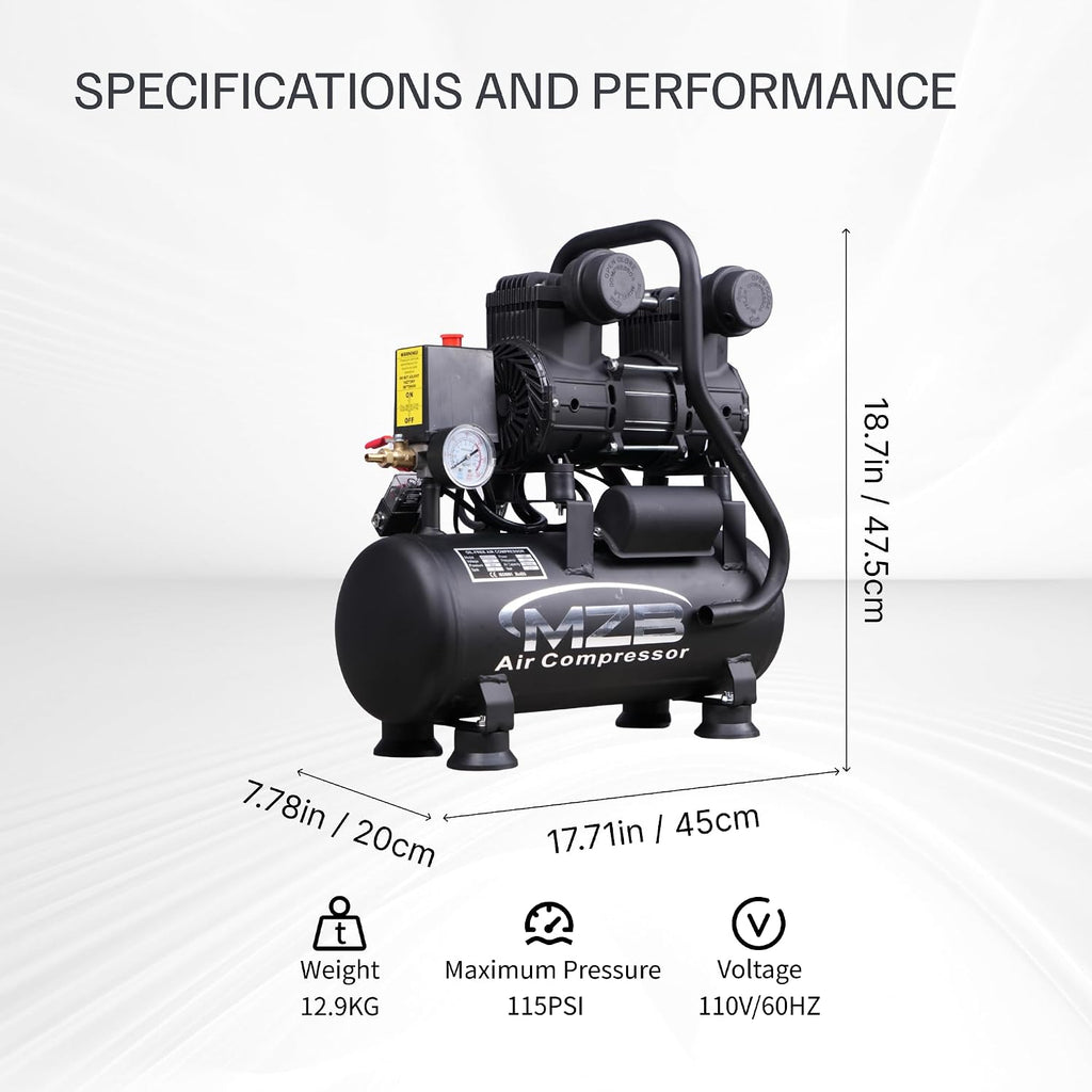 MZB 2.4 Gallon Ultra Quiet Air Compressor 110V/60Hz 1.2HP 5.65CFM, MAX 115PSI Steel Tanks Oil-Free 70dB Noise Level Air Compressor for Spray Painting, Auto Repair, Carpentry Decoration