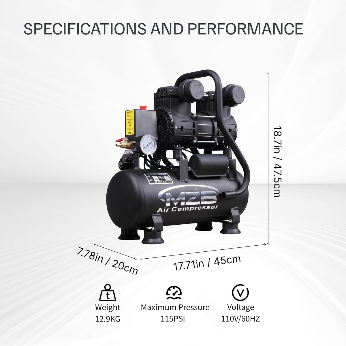 MZB 2.4 Gallon Ultra Quiet Air Compressor 110V/60Hz 1.2HP 5.65CFM, MAX 115PSI Steel Tanks Oil-Free 70dB Noise Level Air Compressor for Spray Painting, Auto Repair, Carpentry Decoration