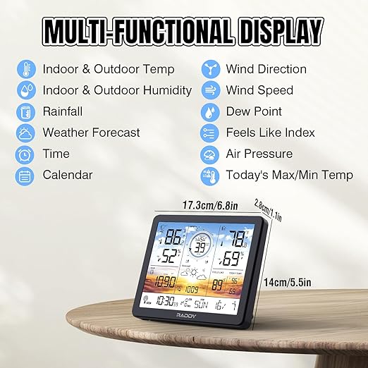 Raddy AG7 Weather Station Wireless Indoor Outdoor Thermometer, 7.4'' Digital