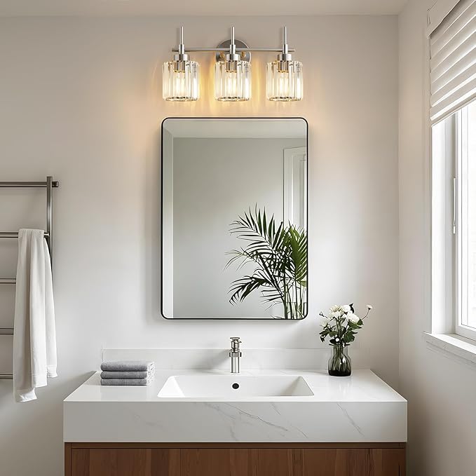 EJIAXIN 3 Light Crystal Bathroom Light Fixtures, Brushed Nickel Vanity Mirror