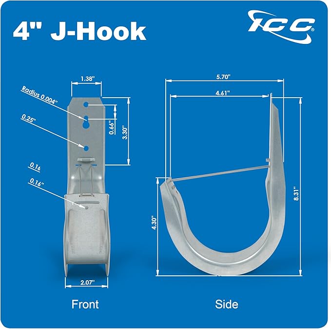 ICC 4-Inch Wall Mount J-Hook – 25-Pack, Cable Support Hooks