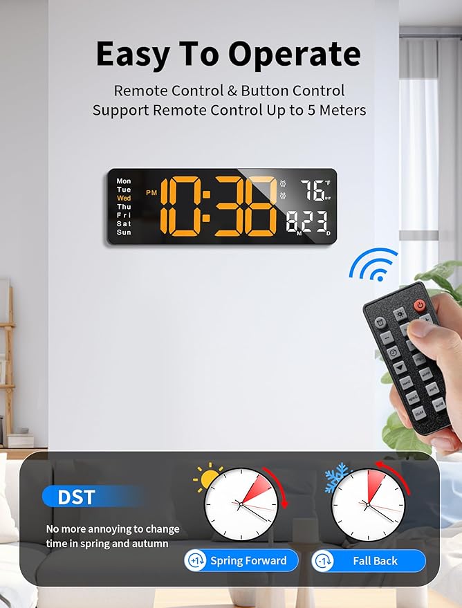 MASHI Digital Wall Clock, Auto-Dimming Wall Clock