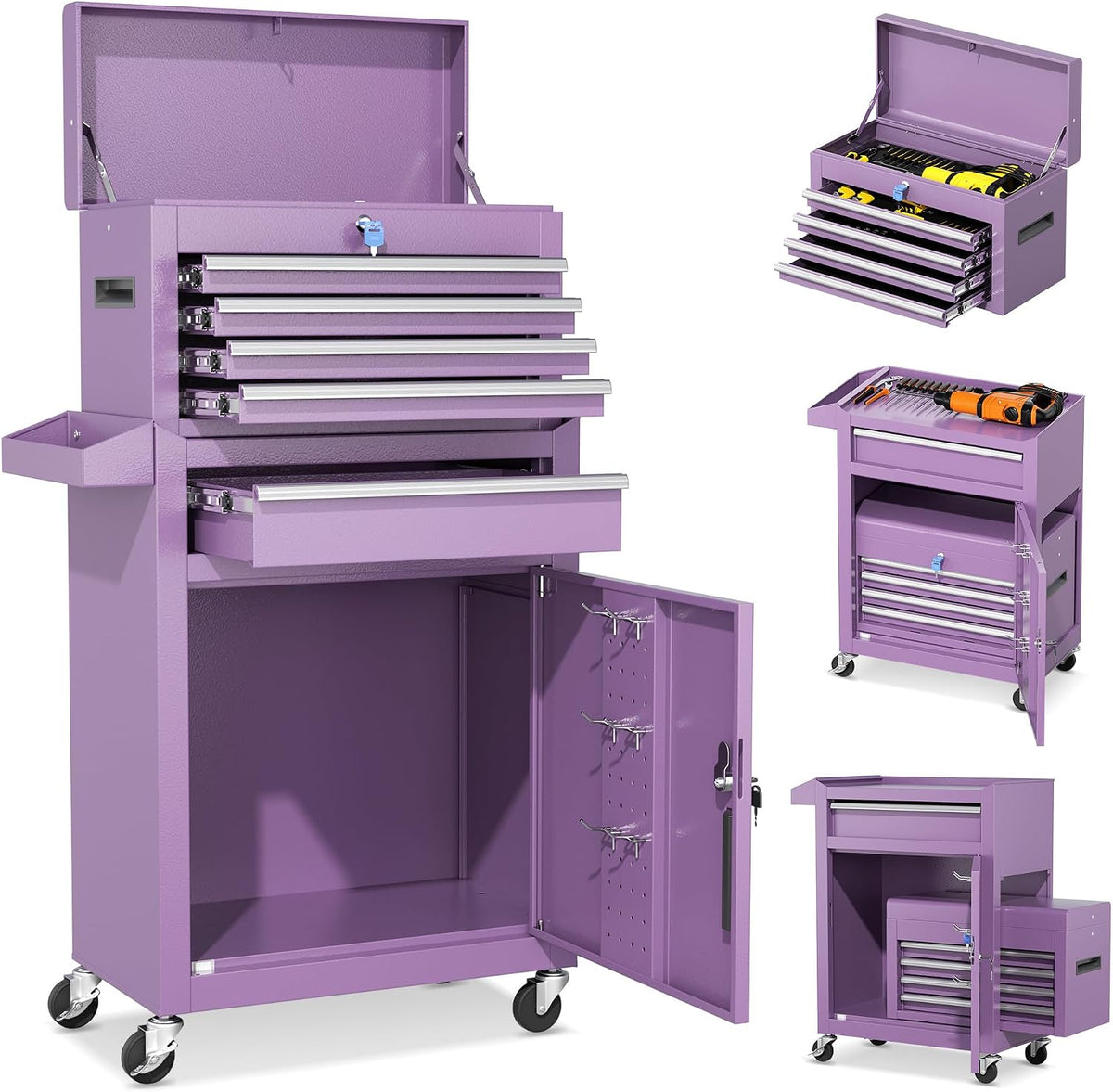 INTERGREAT 5 Drawer Tool Chest with Wheels, Rolling Tool Chest with Enhanced Packaging, Tool Storage Organizer Cabinets with Lock&Key for Garage, Workshop (Purple)