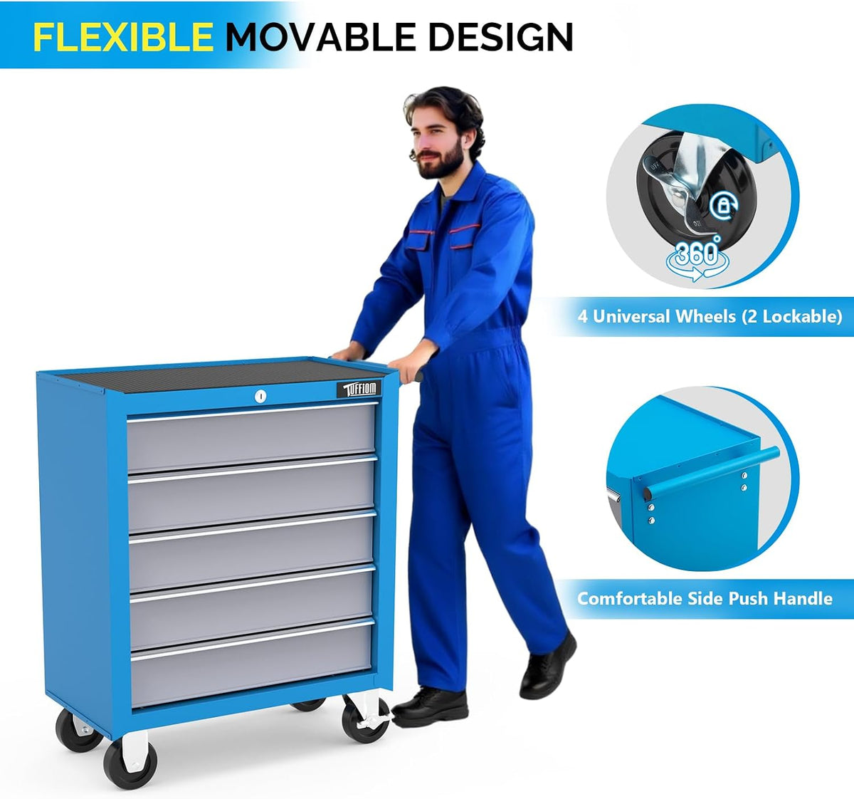 tuffiom 5-drawer rolling tool chest w/drawers & lock, side view