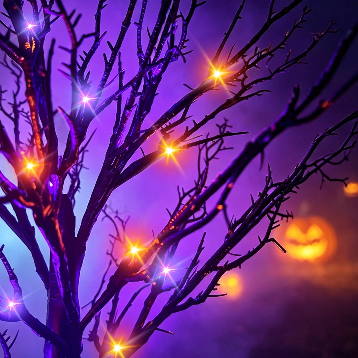 Halloween Decor Indoor, 2 Pack 24 Inch Black Halloween Tree Set, 48 Orange & Purple LED Lights, USB & Battery Powered Tabletop Spooky Twig Trees with 6H Timer, Creepy Halloween Decorations for Mantels