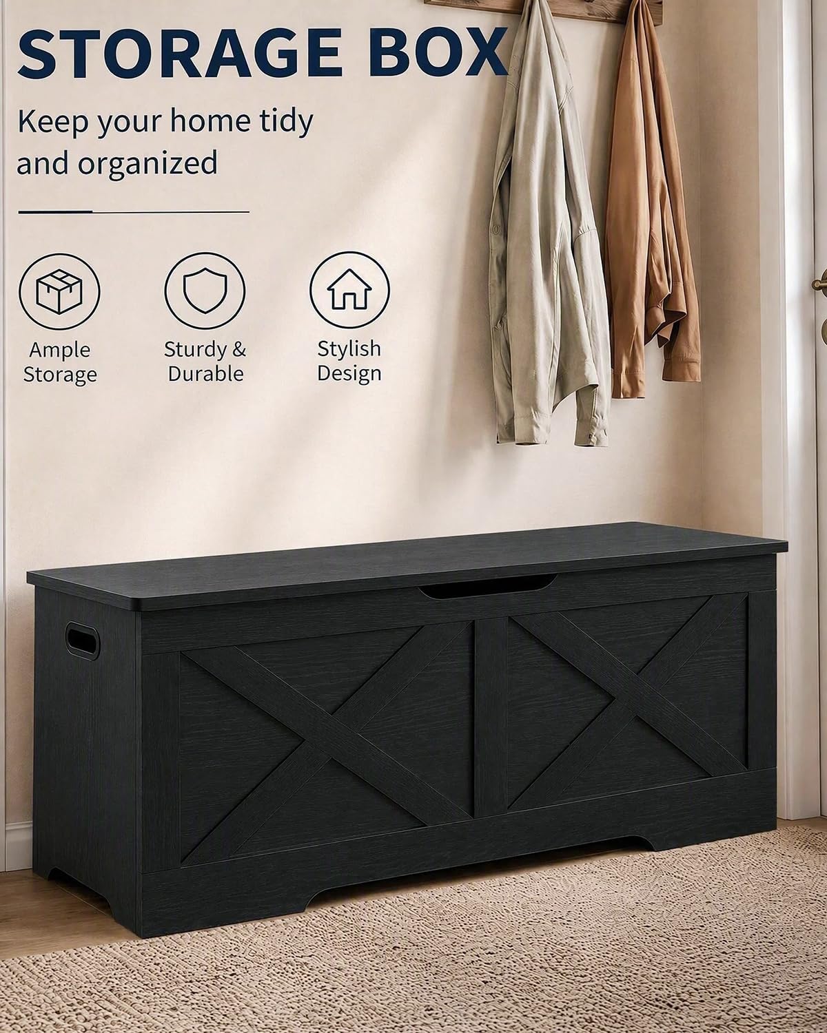 timberer 47.2" storage chest, wooden storage bench, entryway, side view
