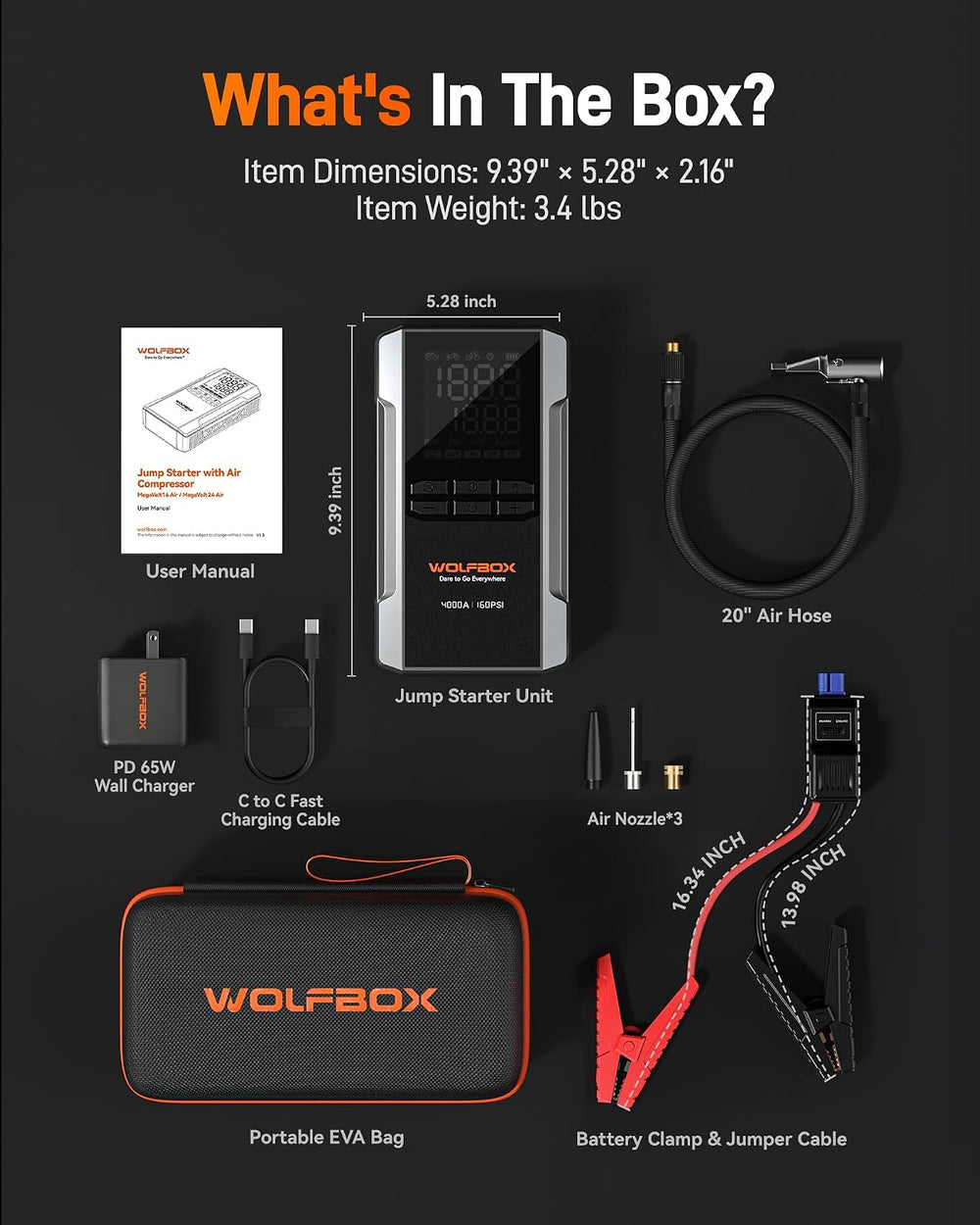 WOLFBOX 4000A Jump Starter with Air Compressor, Portable 12V Jump Box