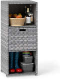 HAPPYGRILL Outdoor Storage Cabinet PE Rattan Wicker Storage Shed Organizer with Shelves Drawer, for Patio Porch, Garden, Backyard and Poolside (Mix Grey)