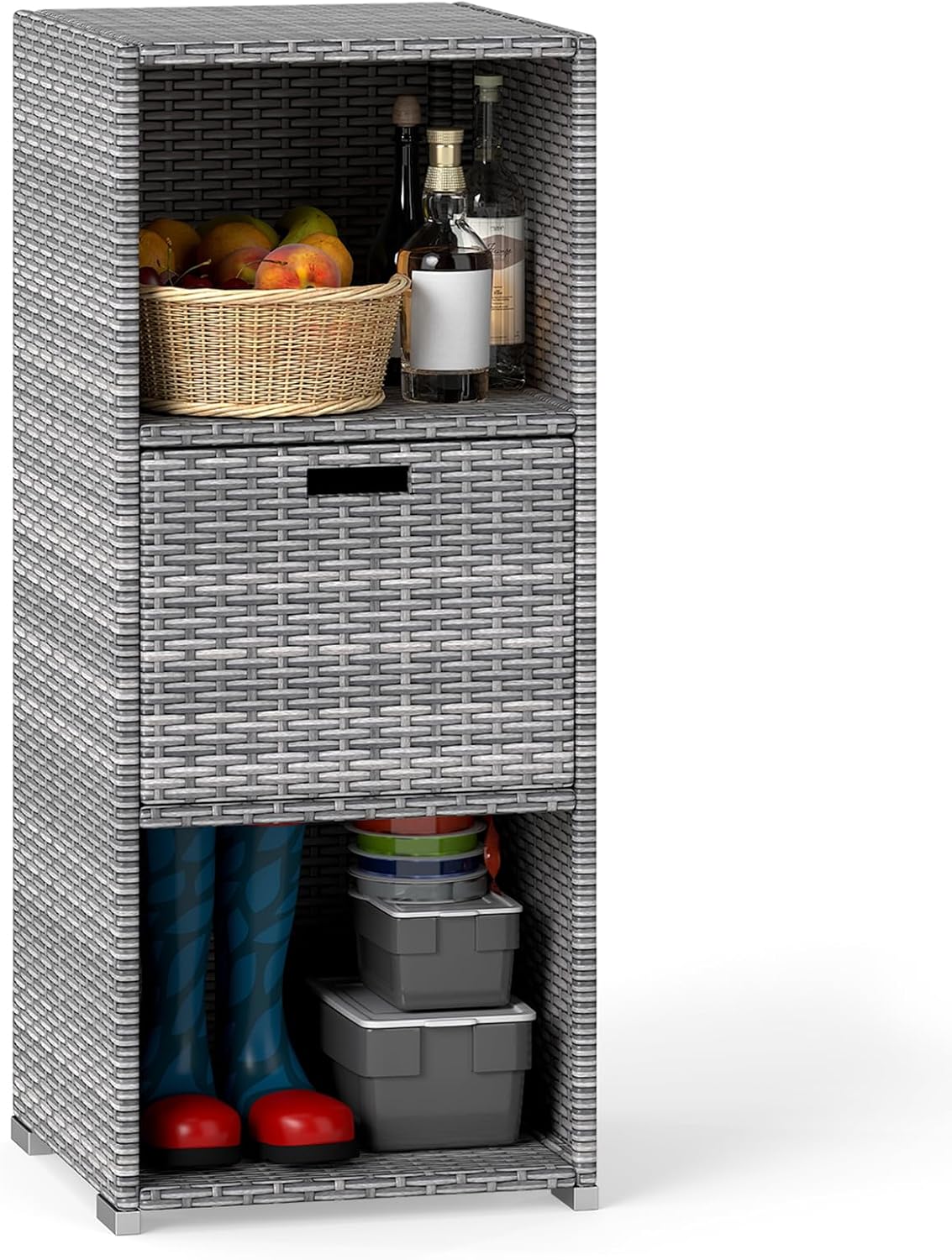 HAPPYGRILL Outdoor Storage Cabinet PE Rattan Wicker Storage Shed Organizer with Shelves Drawer, for Patio Porch, Garden, Backyard and Poolside (Mix Grey)