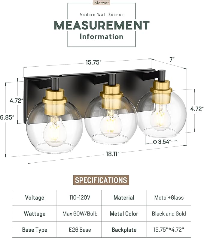 METWET Bathroom Light Fixtures, 3-Light Black and Gold Bathroom Vanity Light