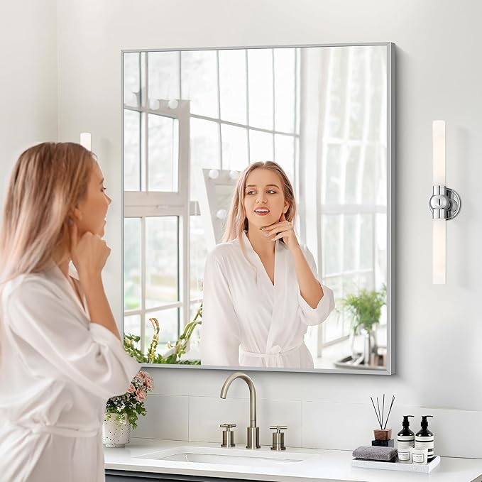Silver Bathroom Mirror for Wall, 30x36 Inch Rectangle