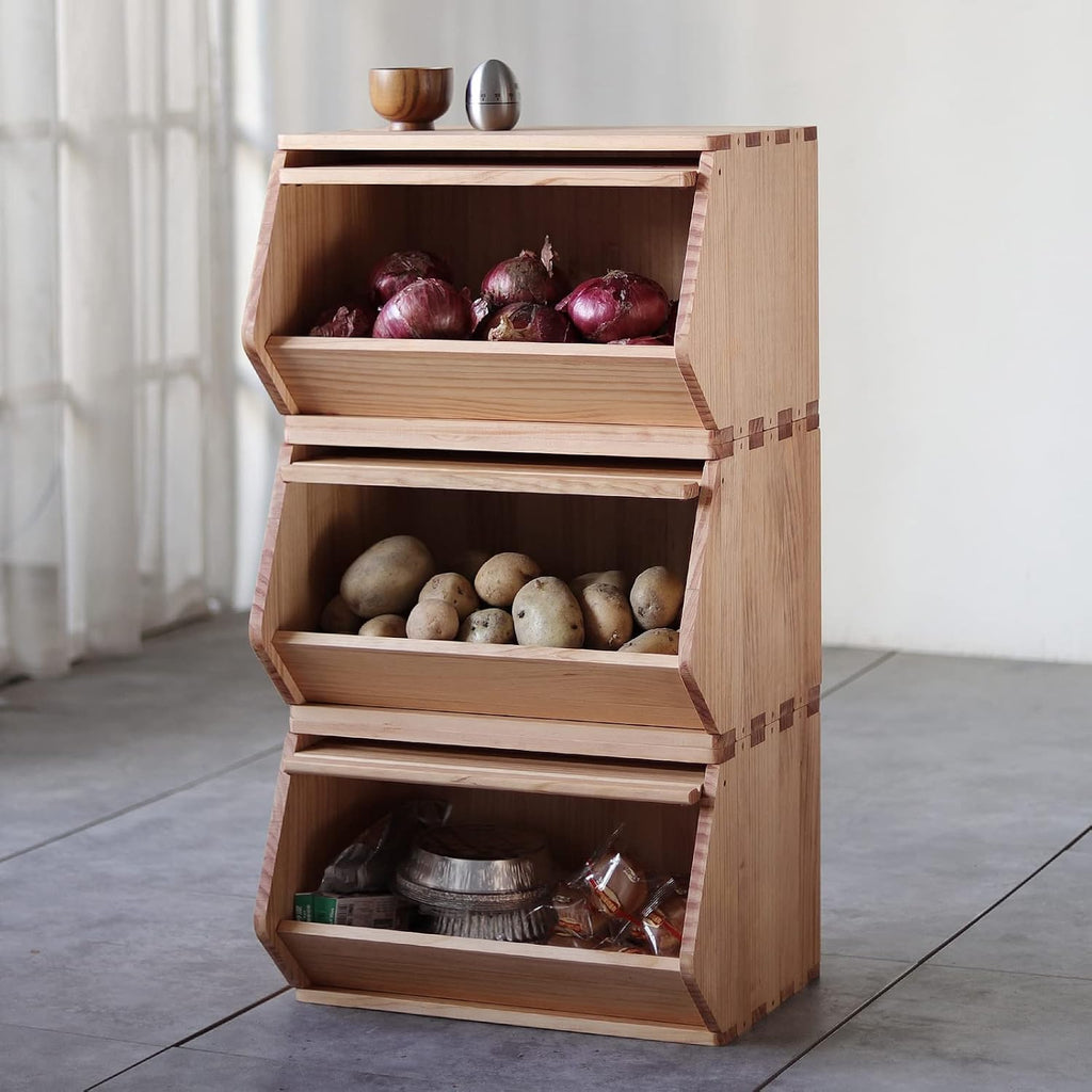 stackable solid wood storage chests, modular bins with showing dimensions
